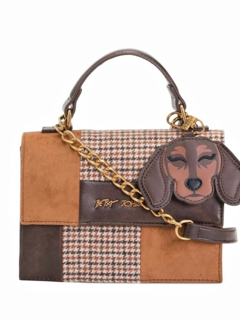 Betsey Johnson Brown Houndstooth Dachshund Dog Patchwork Crossbody Bag Shoulder